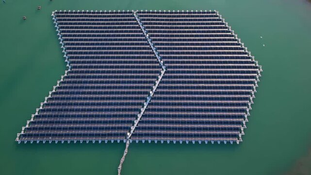 Aerial view of the floating photovoltaic system by Rohr on the lake in Bensheim, Hessen, Germany.