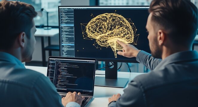 Software developers working together on artificial intelligence brain project