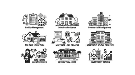 Obraz premium Diverse real estate and finance icons set, representing services, properties, and investment opportunities.