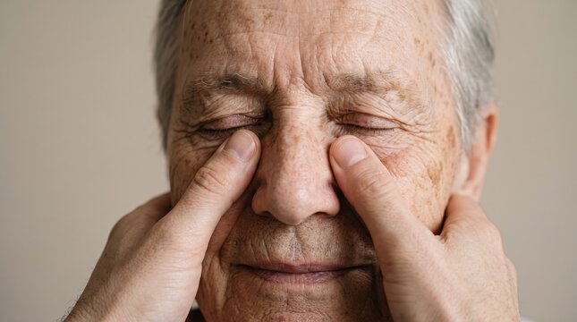 Senior man massaging his nose bridge and sinus area relief from headache or congestion