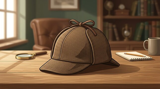 Deerstalker hat on wooden desk in traditional library