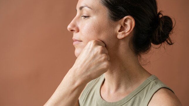 Side profile of woman performing jawline self massage face massage using fist on beige background