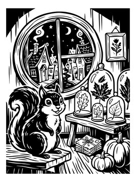 Cute squirrel sitting near glass cloches displaying autumn leaves on table with letters and round window