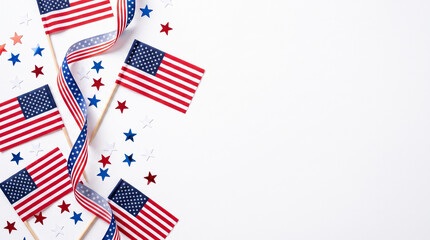 Obraz premium Small american flags with red blue and silver star confetti on a white background for patriotic holidays