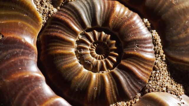 Close up of a spiral ammonite fossil shell embedded in earthy stone
