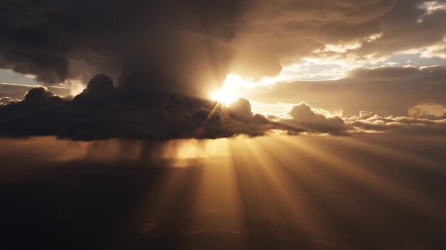 Ray of hope with sunbeams shining through dramatic storm clouds