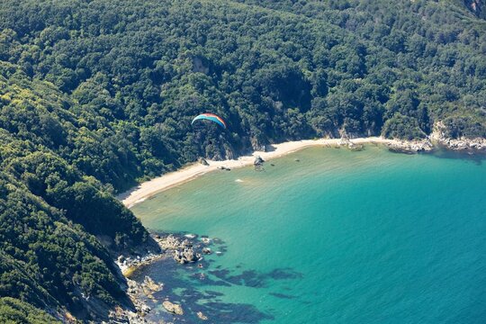 Aerial view of Cilingoz beach with a paraglider soaring above the turquoise waters and dense green forest along the rocky coastline in Catalca, Istanbul, Turkey.