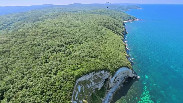 Aerial view of Cilingoz cliffs covered in lush green forest overlooking the turquoise Black Sea with a paraglider in the sky in Catalca, Istanbul, Turkey.