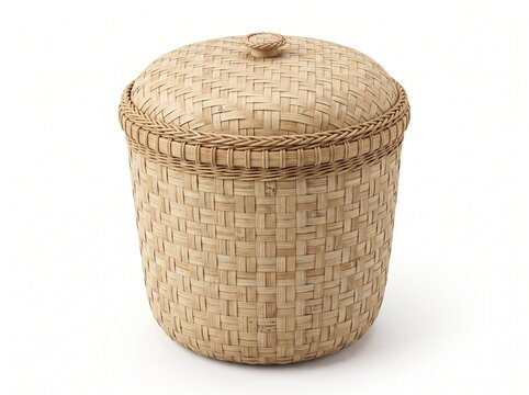 Handcrafted Woven Bamboo Storage Basket with Lid Isolated on White Background