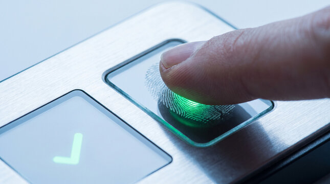 Fingerprint scanner verifying access with green light
