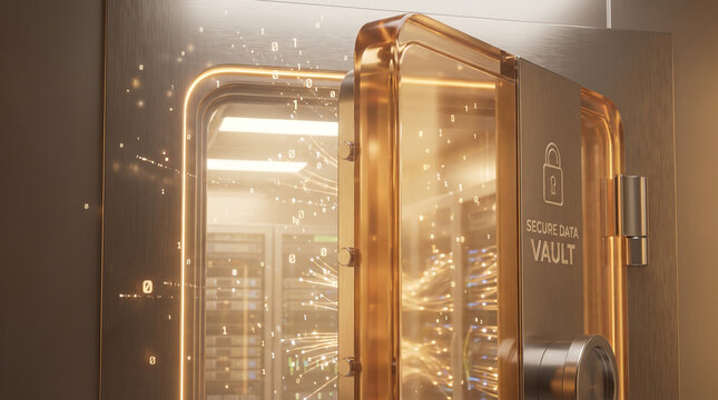 Open vault door revealing secure digital server room