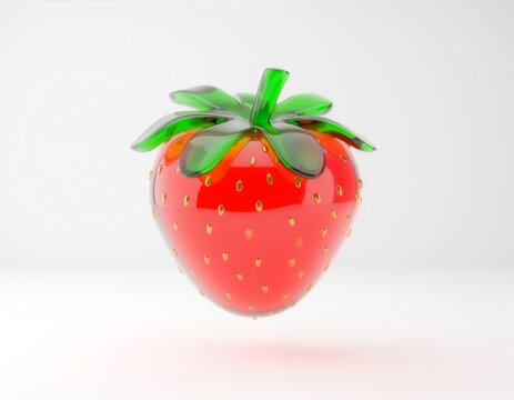 Glossy red glass strawberry with green leaves and golden seeds, centered on a clean white background. Bright minimal composition suited for food, fruit, and decorative design themes.