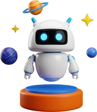 A friendly white robot with glowing blue eyes floats above a vibrant orange and blue platform surrounded by planets and stars creating a whimsical space scene android artificial intelligence