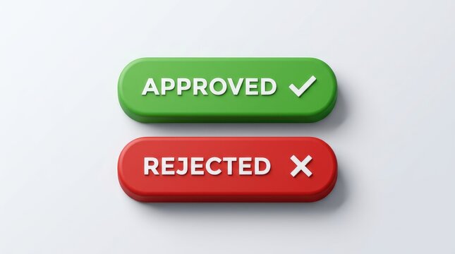 Green approved and red rejected rectangular 3d buttons with white checkmark and cross symbols isolated display