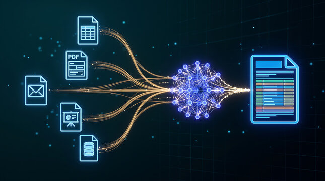 Digital data consolidation concept with multiple file formats merging into single report document consolidation document information workflow management business integration analysis