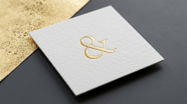 Elegant white square card featuring a shiny gold ampersand symbol resting on dark matte surfaces