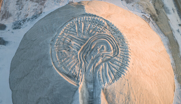 Aerial view of radial excavation patterns carved into a circular sand stockpile by heavy machinery, illuminated by warm golden-hour light revealing rich textures in France.