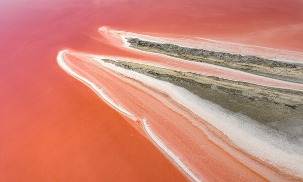 Aerial view of vibrant pink salt evaporation ponds with white crystalline shorelines and elongated mineral formations creating an abstract natural composition in France.