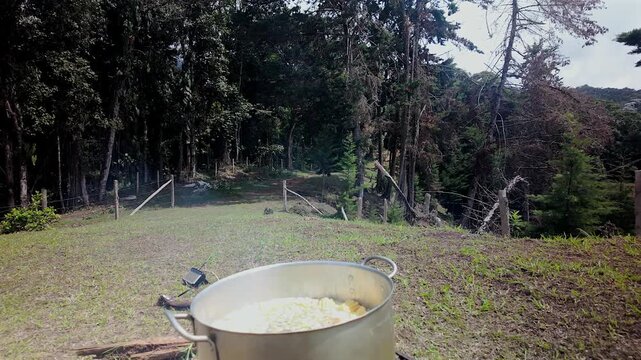 large cooking pot on a wood fire pit in a rural forest clearing