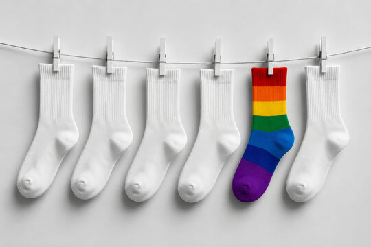 One Rainbow Sock Hanging Among White Socks as a Choice and Individuality Concept