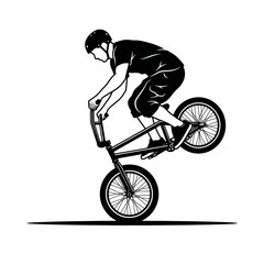Fototapeta premium BMX rider performing a wheelie trick. The rider is wearing a helmet and shorts, and is on a bicycle with thin tires.