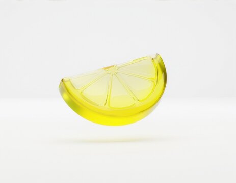 Glossy translucent yellow citrus wedge with segmented detail, centered against a clean white background with soft shadow and ample copy space for fresh, modern design concepts.
