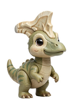 Cute baby lambeosaurus dinosaur toy figure with hollow crest, isolated on a transparent background