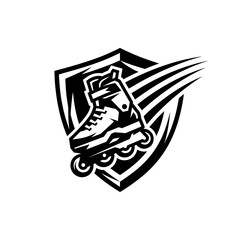 Fototapeta premium Dynamic roller skate emblem with speed lines against a shield