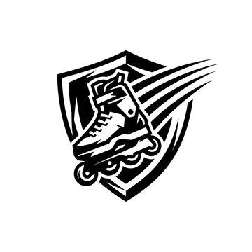 Dynamic roller skate emblem with speed lines against a shield