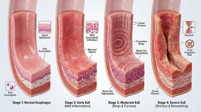 Four-Stage Eosinophilic Esophagitis Progression: Normal Esophagus to Eosinophilic Infiltration to Rings and Furrows to Stricture and Food Impaction