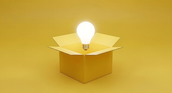 Glowing lightbulb inside an open yellow box symbolizing an idea