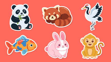 Naklejka premium Vibrant collection of cute animal stickers featuring a panda red panda crane fish rabbit and monkey in digital vector style