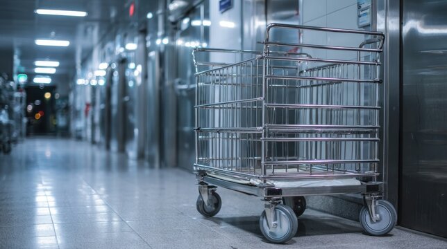 Focused shot of clean medical cart parked neatly against corridor wall with outoffocus surgical doors and bright lighting illustrating spotless ambulatory center environment.