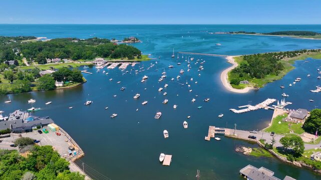 Aerial view of Cohasset Cove including fishing boat in the harbor and Bassing Beach in town of Cohasset, Massachusetts MA, USA. 