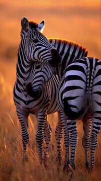 African Zebras Resting at Golden Hour Sunset in Savanna Wildlife