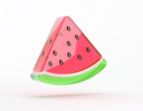 Glossy translucent watermelon slice with pink flesh, black seeds, white inner rind, and bright green peel, isolated on a clean white background with a soft shadow.