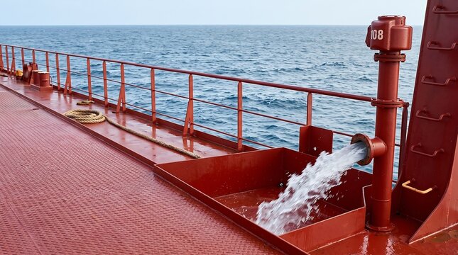 Ship ballast water treatment system discharging water on deck