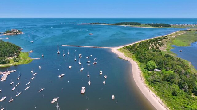 Aerial view of Cohasset Cove including fishing boat in the harbor and Bassing Beach in town of Cohasset, Massachusetts MA, USA. 