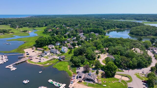 Cohasset Cove aerial view including fishing boat in the harbor in town of Cohasset, Massachusetts MA, USA. 