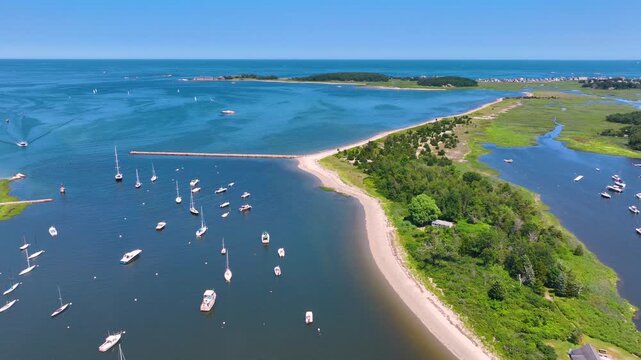 Aerial view of Cohasset Cove including fishing boat in the harbor and Bassing Beach in town of Cohasset, Massachusetts MA, USA. 