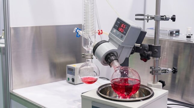 Rotary evaporator with red liquid for chemical distillation in lab