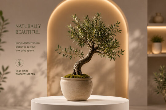 Small olive tree in neutral ceramic pot on white podium, home decor and natural wellness retail banner.