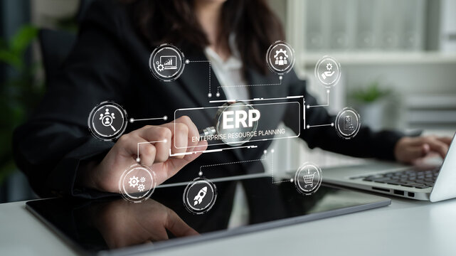 ERP platform visual showing centralized system for enterprise resource planning, improving integration, data flow, business efficiency, finance, inventory, and human resources. Spline