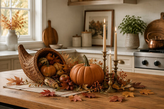 Cornucopia, small pumpkin centerpiece, taper candles and autumn leaves on kitchen island, Thanksgiving decor concept