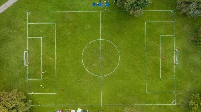 Aerial view of soccer field with players in Ann Morrison Park in Boise, Idaho, United States.