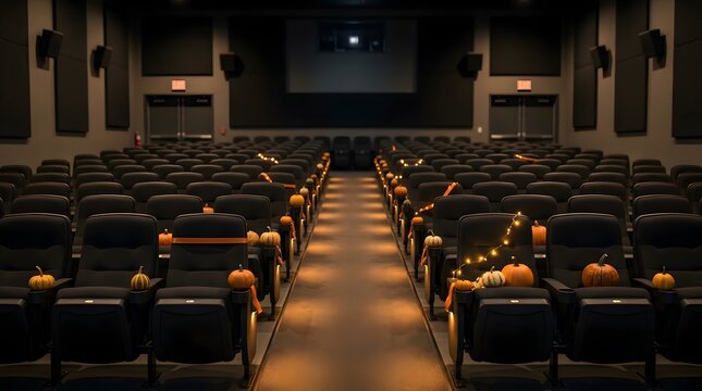Halloween decorated cinema auditorium with pumpkins and string lights on empty seats for festive movie screening