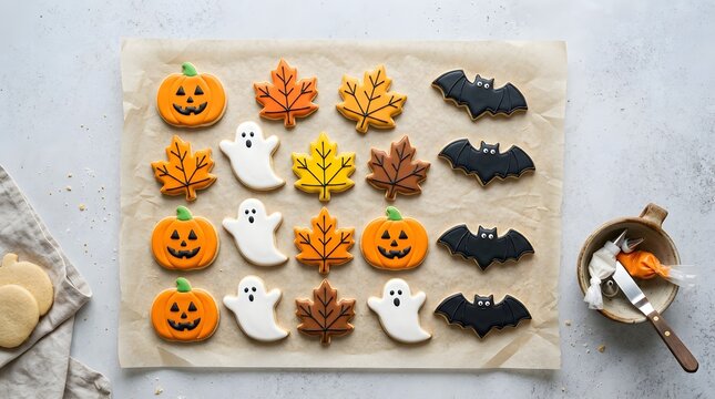 Halloween decorated sugar cookies shaped like pumpkins bats and ghosts on baking paper with icing bags