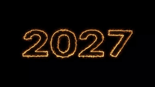 Burning fire text 2027 animation glowing countdown display for new year celebration.