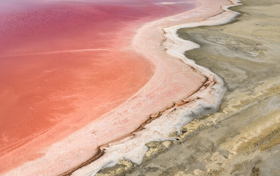 Aerial view of a vibrant pink salt pond meeting bright white mineral deposits and dry textured earth, forming elegant natural curves and delicate organic patterns located in France.