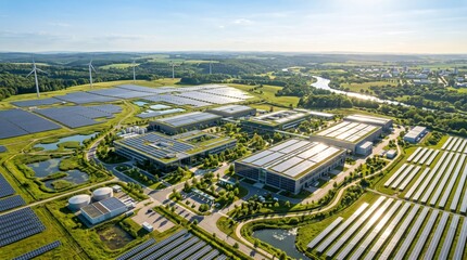 Naklejka premium Aerial View of Eco Industrial Park with Solar Panels Wind Turbines and Green Roof Buildings